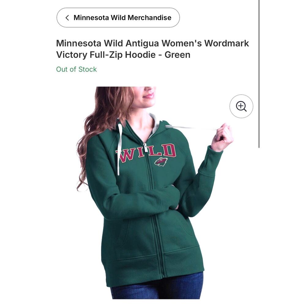 MINNESOTA WILD Antigua NHL Brand Full Zip Fleece Hoodie. W’s Size XL. NWTs.